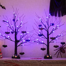 Load image into Gallery viewer, PEIDUO Halloween Decorations, 2FT Black Halloween Tree with 24 Purple Lights and 8 Bat Ornaments, Light up Halloween Decorations with Timer for Indoor Home Desk Table Decor (2PK)