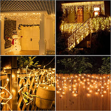 Load image into Gallery viewer, PABIPABI 2 Pack 150 LED 12FT Christmas Icicle Lights Outdoor, IP44 Waterproof Window Curtain Fairy Lights, Twinkle Icicle String Lights for Patio Roof Railings Party Decoration Plug in Warm White