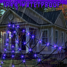 Load image into Gallery viewer, PEIDUO Spider Web Decoration Outdoor,16 * 15FT Giant Halloween Spider Web with 135 LED Purple Lights, Spider Web Lights for Party Yard Bar Haunted House Halloween Decor