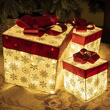 Load image into Gallery viewer, EAMBRITE 3PK Light up Boxes Silver Snowflake Patterned Gift Boxes with Warm White Lights Plug in for Christmas Decorations Home and Outdoor Décor
