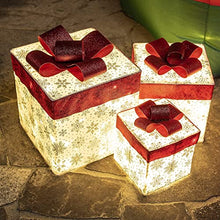 Load image into Gallery viewer, EAMBRITE 3PK Light up Boxes Silver Snowflake Patterned Gift Boxes with Warm White Lights Plug in for Christmas Decorations Home and Outdoor Décor
