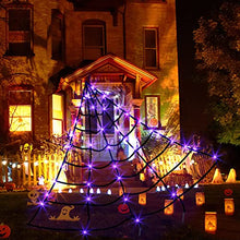 Load image into Gallery viewer, PEIDUO Spider Web Decoration Outdoor,16 * 15FT Giant Halloween Spider Web with 135 LED Purple Lights, Spider Web Lights for Party Yard Bar Haunted House Halloween Decor