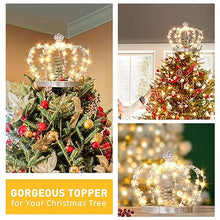 Load image into Gallery viewer, PEIDUO Christmas Jeweled Crown Tree Topper Adapter Plug in with 60 Warm White Lights LED Light Up Tree Topper Decoration for Christmas Tree