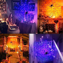 Load image into Gallery viewer, PABIPABI Orange & Purple Halloween Spider Web Lights, 4FT Halloween Decoration with 84LED and 8 Modes, Light up Indoor & Outdoor Decoration for Halloween Party Yard Bar Haunted House