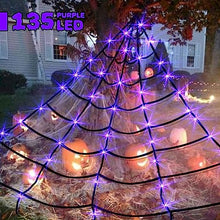 Load image into Gallery viewer, PEIDUO Spider Web Decoration Outdoor,16 * 15FT Giant Halloween Spider Web with 135 LED Purple Lights, Spider Web Lights for Party Yard Bar Haunted House Halloween Decor