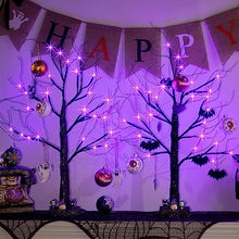 Load image into Gallery viewer, Vanthylit Black Tree Halloween Decotations, Battery Powered LED Purple Tree Lights with Bat Decorations, Glittered Halloween Spooky Tree for Tabletop Home Party Indoor Outdoor Decor (2FT, 2 Pack)