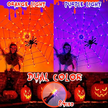 Load image into Gallery viewer, PABIPABI Orange & Purple Halloween Spider Web Lights, 4FT Halloween Decoration with 84LED and 8 Modes, Light up Indoor & Outdoor Decoration for Halloween Party Yard Bar Haunted House
