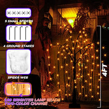 Load image into Gallery viewer, EAMBRITE Halloween Tree 4FT 180LED Black Willow Tree with Orange Purple Fairy Lights and Spider Web, Lighted Spooky Artificial Tree for Indoor Outdoor House Home Halloween Decorations