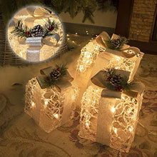 Load image into Gallery viewer, EAMBRITE 3PK Light up Present Boxes Silver Gift Boxes with Warm White Lights Plug in for Christmas Decorations Home and Outdoor Décor