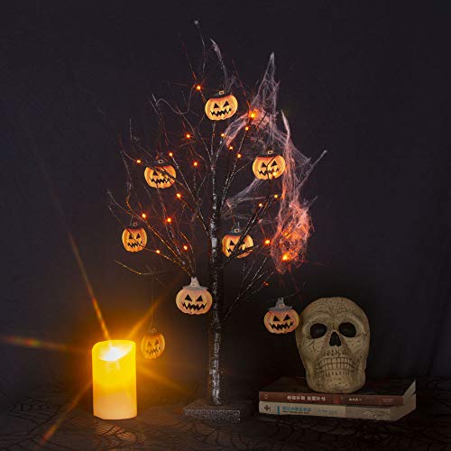 EAMBRITE 2FT Black Glitter Spooky Tree Light with 24 LED Orange Lights and 8 Pcs Pumpkin Accessories for Halloween Decoration Battery Operated Indoor Decoration(UL Certified)