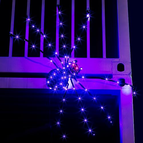 EAMBRITE 5FT Halloween Giant Spider, Light Up Spider Outdoor with 84LT Purple Lights, Black Scary Spider Halloween Decorations for Yard Haunted House Window Party Porch Indoor Outside Decor