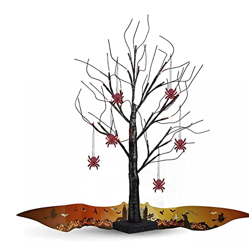 EAMBRITE 2FT Halloween Decorations Black Spooky Tree with 24 LED Red Lights and 6 Spiders for Halloween Decoration Battery Operated Indoor Decoration