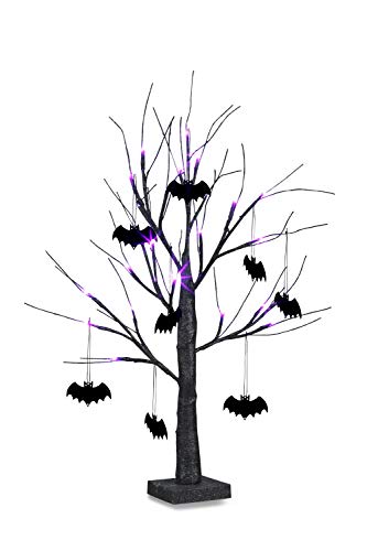 EAMBRITE 2FT Black Halloween Tree with Bats Purple Lights Battery Operated Spooky Decorations Indoor Small Twig Tree Gifts for Kids