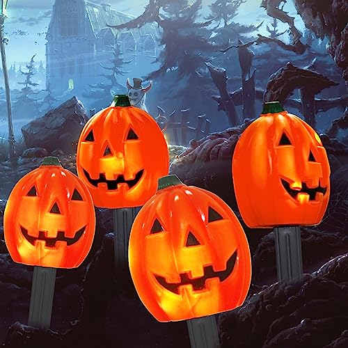 EAMBRITE 4PK 20LT Halloween Pumpkin Pathway Lights End-connectable Pumpkin Stake Lights Waterproof for Halloween Decorations Outdoor Yard Walkway Garden Party Lawn Sidewalk