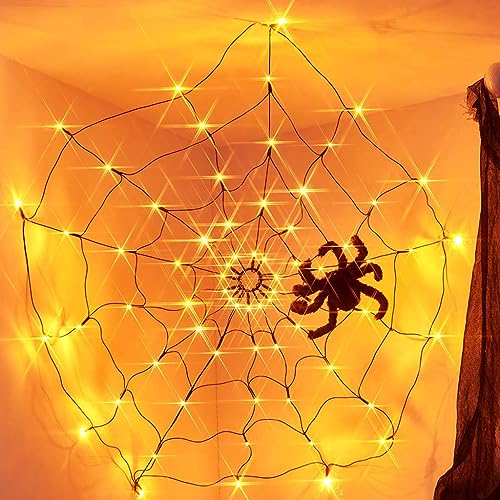 EAMBRITE Halloween Black Spider Web Lights with 70 Orange Lights Waterproof and 1 Black Spider for House Yard Window Garden Indoor and Outdoor Scary Halloween Decorations