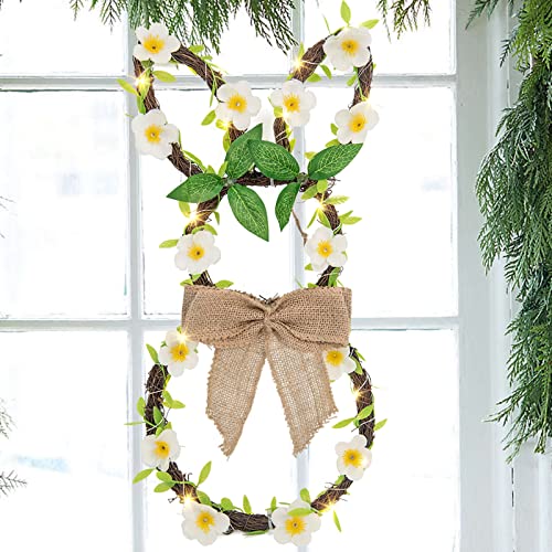 EAMBRITE Easter Bunny Wreath with Linen Bow 25LT Spring Wreath for Front Door Wall Window with Lights Home Decor Battery Operated and Timer (17.5”)