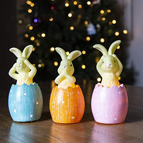 Eambrite Easter Bunnies Figurine Statue with Timer Battery-Operated Animal-Shaped Table Lamp Flameless Easter Bunny Candle Ornaments for Easter and Spring Décor (Set of 3)