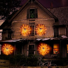 Load image into Gallery viewer, EAMBRITE Halloween Black Spider Web Lights with 70 Orange Lights Waterproof and 1 Black Spider for House Yard Window Garden Indoor and Outdoor Scary Halloween Decorations
