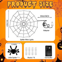 Load image into Gallery viewer, EAMBRITE Halloween Black Spider Web Lights with 70 Orange Lights Waterproof and 1 Black Spider for House Yard Window Garden Indoor and Outdoor Scary Halloween Decorations
