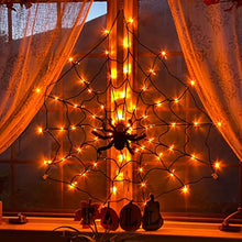 Load image into Gallery viewer, EAMBRITE Halloween Black Spider Web Lights with 70 Orange Lights Waterproof and 1 Black Spider for House Yard Window Garden Indoor and Outdoor Scary Halloween Decorations
