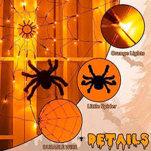 Load image into Gallery viewer, EAMBRITE Halloween Black Spider Web Lights with 70 Orange Lights Waterproof and 1 Black Spider for House Yard Window Garden Indoor and Outdoor Scary Halloween Decorations
