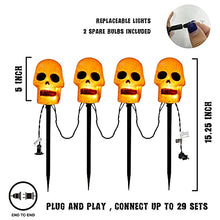 Load image into Gallery viewer, EAMBRITE 4PK 20LT Halloween Skull Pathway Lights End-connectable Skull Stake Lights Waterproof for Halloween Decorations Outdoor Yard Garden Party
